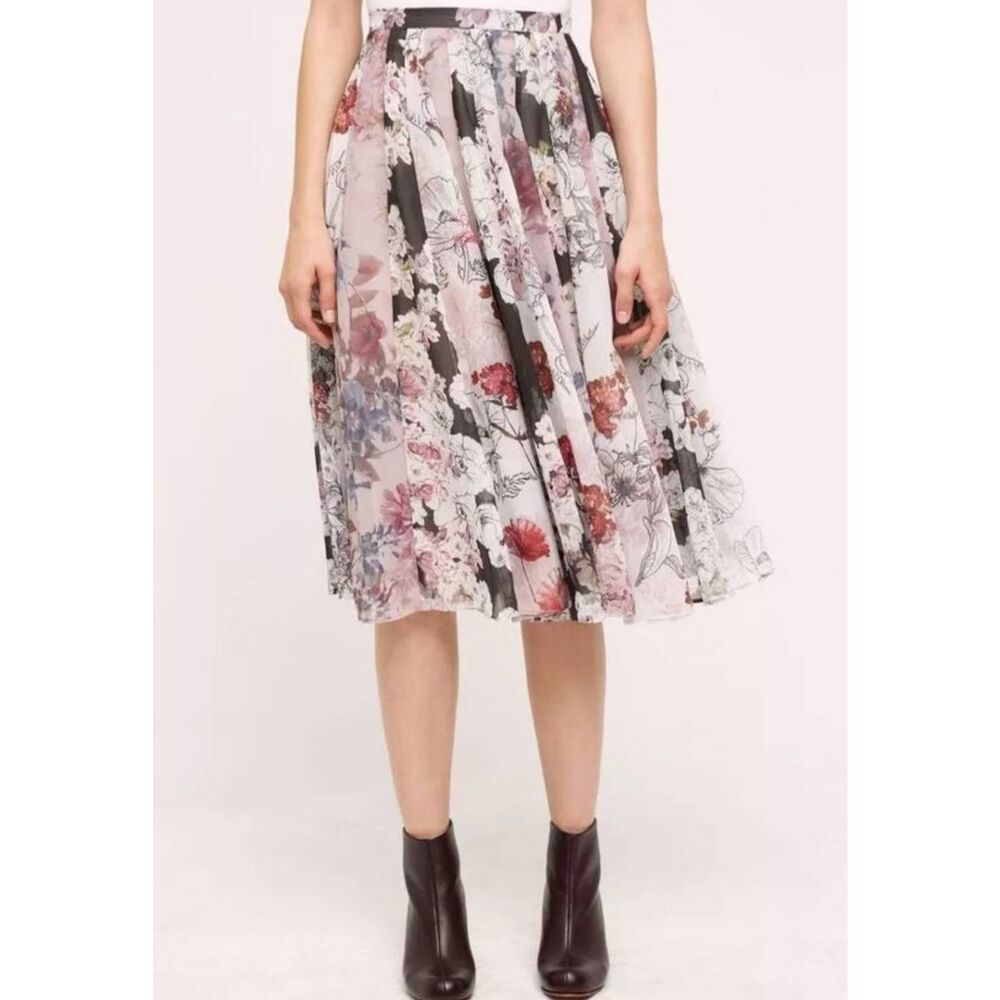 Anthropologie Floral Midi Skirt in Black, White, Pink & Red